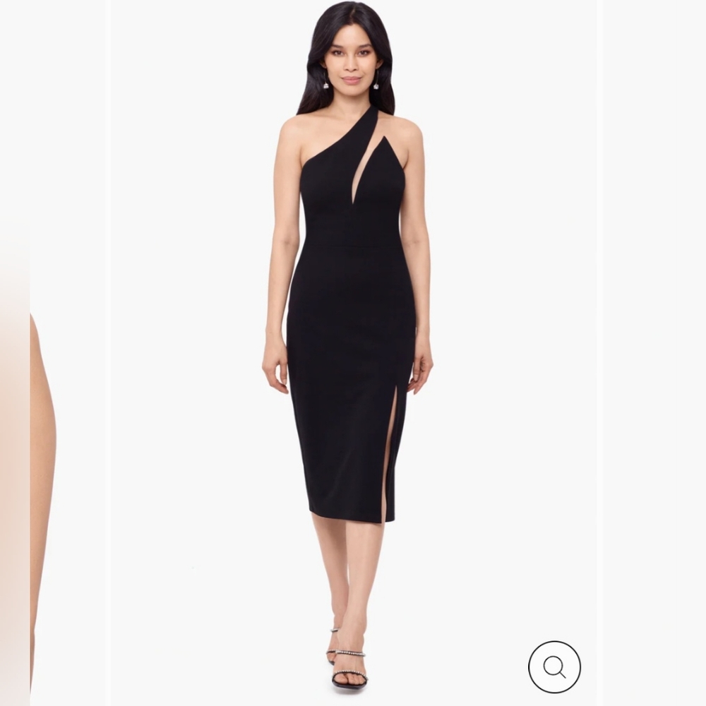 BETSY AND ADAM PETITE "SARAH" SHORT SCUBA ONE SHOULDER CUT OUT MIDI DRESS